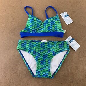 Fin Fun Girls Size Large Aussie Green Blue Reversible Top 2 Piece Bikini Set New